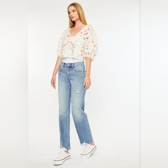 Kancan Mid Rise Frayed Hem Straight Jeans - Picture 5 of 7